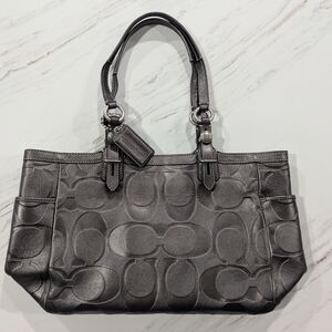 Coach Signature Embossed Leather Gallery Tote - Pewter/Gunmetal Metallic